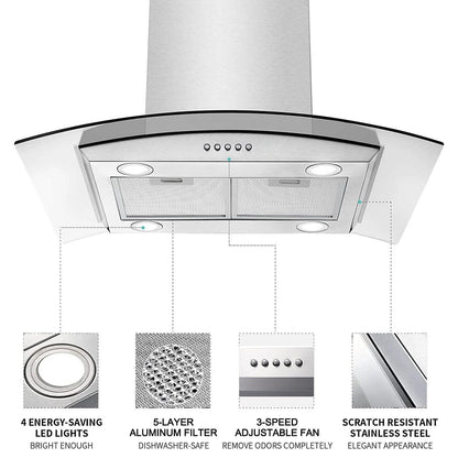 "Joeaonz 30"" Island Mount Range Hood, Stainless Steel, LED Bulbs, Easy-Clean Filters, 120V"