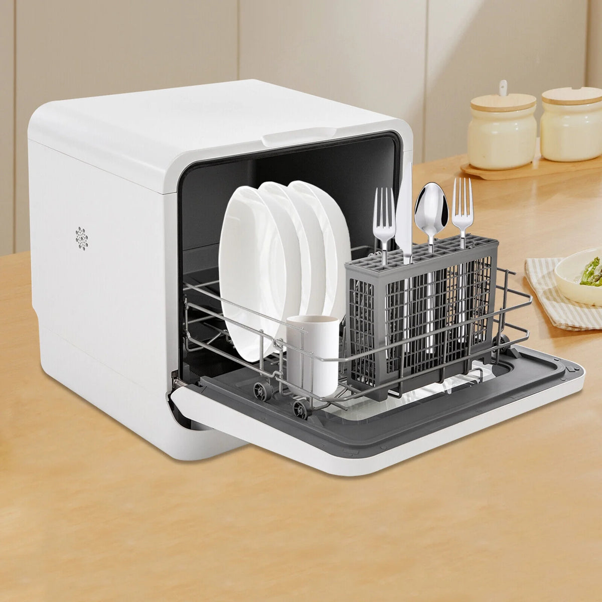 Modern Rectangular Portable Compact Countertop Mini Dishwasher with Water Tank Leak-Proof Air Dry White 120V 785W 17.32*16.25*16.69in for Apartments, Snack Bars, Dorms