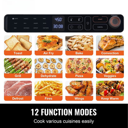 12-In-1 air-fried toaster oven, 25L convection table oven, 1700W stainless steel with pizza pan, rack and gloves, 12-slice and 12-inch pizza capacity