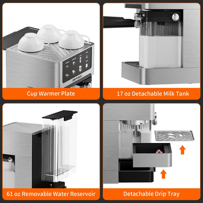 AIRMSEN Espresso Machine with Color Touchscreen, 20 Bar Cappuccino Latte Machines with Automatic Milk Frother, Dual Boiler Stainless Steel Espresso Maker for Home, 1350W