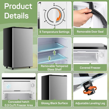 Mini Fridge 3.2 Cu. ft Single Door, 5 Star Energy Efficient, Low Noise, 5 Adjustable Thermostat & Removable Glass Shelves, Silver