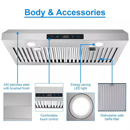 Under Cabinet Range Hood 30 inch Stainless Steel Kitchen Hood 600 CFM Stove Filter Touch Control LED Lights