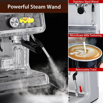 COZONY Espresso Machine 15 Bar, 2.5 L Water Tank, Semi Automatic Coffee Maker with Grinder, Milk Frother/Steam Wand, Italian Pump, All-in-One Espresso Machine, Stainless Steel, Silver