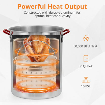 2024 New 30 Qt Turkey & 10 Qt Fish Fryer Boiler Steamer Set, Aluminum Turkey Deep Fryer Pot, 38, 000 BTU Outdoor Propane Stove Stand for 20 Lbs Turkey, Thermometer, Turkey Rack & Lifting Hook