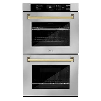 ZLINE 30 in. Autograph Edition Professional Convection Double Wall Oven with Air Fry and Self Clean in Stainless Steel with Polished Gold Handles (WADZ-30-G)
