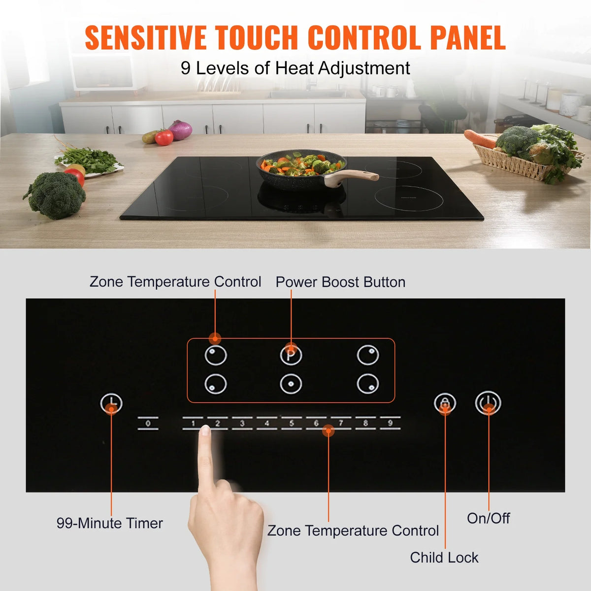 KFFKFF Electric Range, 5 Elements, 30'' Built-in Induction Cooking Surface, 9200W, 9 Power Settings, LED Display, Safety Lock & Heat Guard