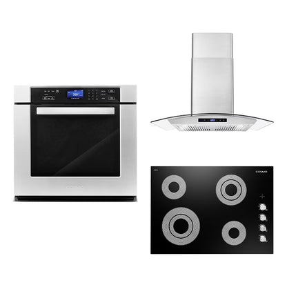 Cosmo 3 Piece Kitchen Appliance Package With 36" Electric Cooktop 36" Wall Mount Range Hood 24" Single Electric Wall Oven Kitchen Appliance Bundles