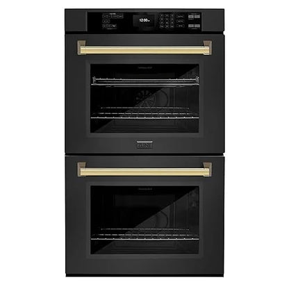 ZLINE 30 in. Autograph Edition Professional Convection Double Wall Oven with Air Fry and Self Clean in Black Stainless Steel with Polished Gold Handles (WADBZ-30-G)