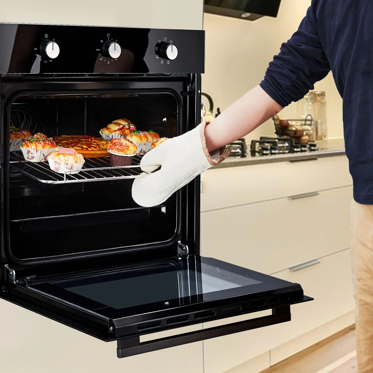 RIEDHOFF 24�?Single Wall Oven, 2.5 Cu.Ft Built-in Electric Single Wall Ovens with Mechanical Knobs, Double-Layered Glass Door, 5 Cooking Functions, 3000W 240V Ideal for Kitchen Oven
