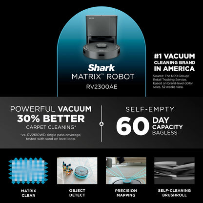 Shark Matrix Self-Empty Robot Vacuum with No Spots Missed on Carpets & Hard Floors, RV2300AE