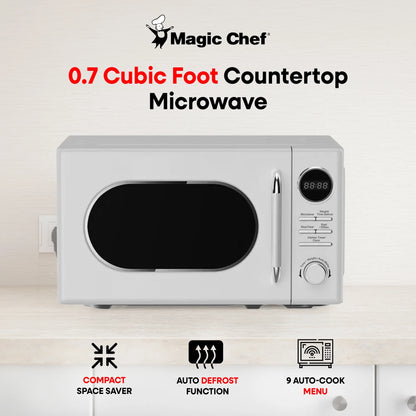 Open Box Magic Chef 0.7 Cubic Feet 700 Watt Retro Countertop Microwave, White
