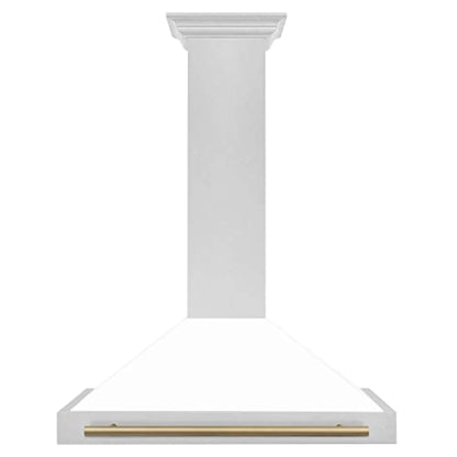 ZLINE 36" Autograph Edition DuraSnow Stainless Steel Range Hood with White Matte Shell and Gold Handle