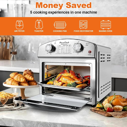 Plum Chef 13QT Air Fryer, 4-Slice Air Fryer Toaster Oven, Space Saving, Visible Window, Oil Free, 1500W, Stainless Steel, Silver