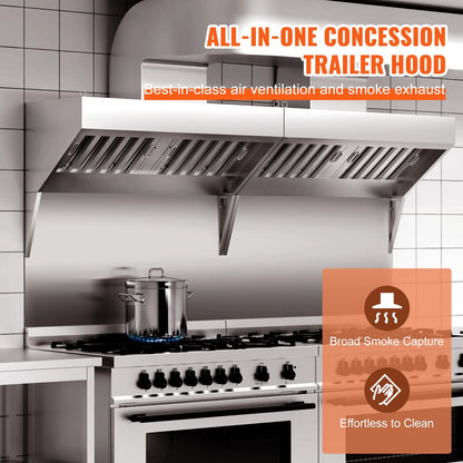 KFFKFF 4FT Commercial Exhaust Hood, Stainless Steel Exhaust Hood with 2 Removable U-shaped Grease Filters for Commercial Use, Suitable for Food Trucks and Concession Trailers, Restaurant Kitchens