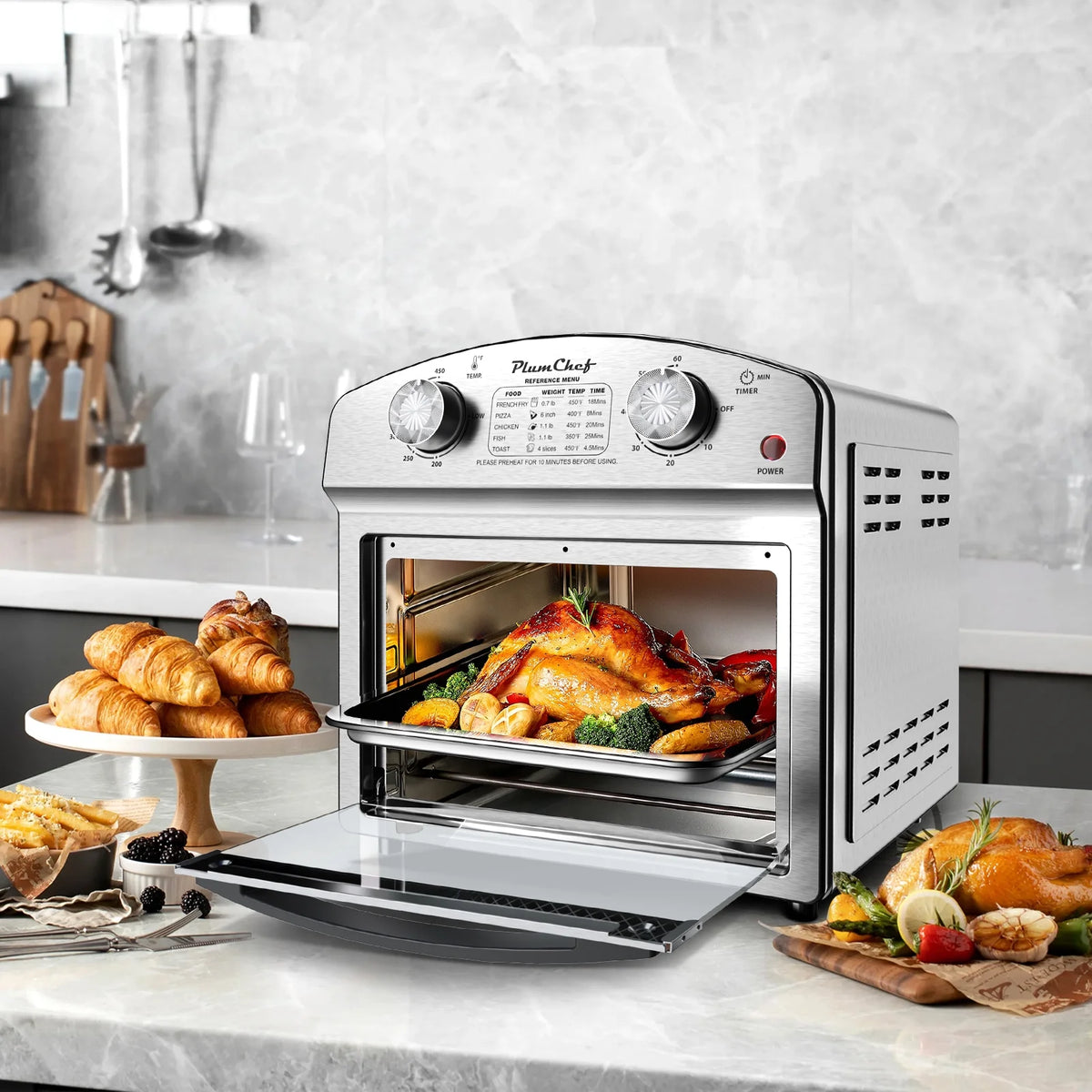 Plum Chef 13 Quart Air Fryer, Large Air Fryer Oven Toaster Combo w/ 60 Minute Timer , Convection Oven Countertop, Accessories, UL Certified, Nonstick, Accessories Included, 1500W, Sliver