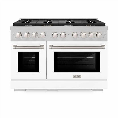ZLINE 48 in. 6.7 cu. ft. Paramount Double Oven Gas Range with 8 Burner Cooktop in DuraSnow Stainless Steel with White Matte Doors (SGRS-WM-48)