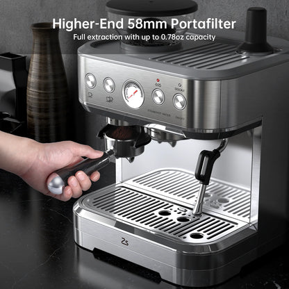 COZONY Espresso Machine 15 Bar, 2.5 L Water Tank, Semi Automatic Coffee Maker with Grinder, Milk Frother/Steam Wand, Italian Pump, All-in-One Espresso Machine, Stainless Steel, Silver
