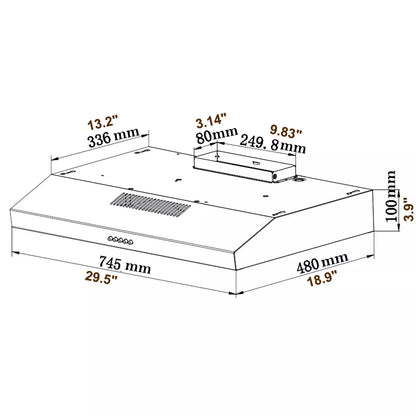30 inch Under Cabinet Range Hood Stainless Steel Kitchen 230CFM Vent LED Light with Carbon Filter