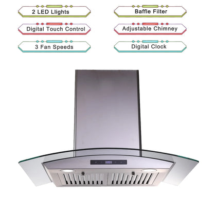 30 in. Ducted Wall Mount Range Hood Kitchen Hood Stainless Steel with Touch Control LED Light