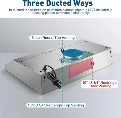 Under Cabinet Range Hood,Range Hood 30 inch Under Cabinet Stainless Steel Brushed,Ductless Range Hood Alterable to Ducted Ventilation,Stove Hood and Oven Vent Hood for Kitchen Cabinet