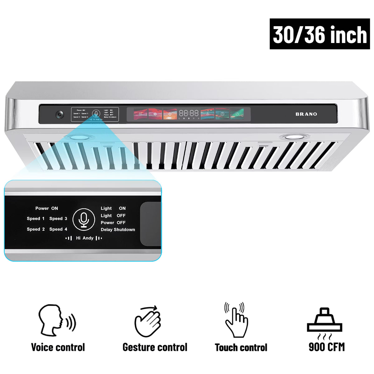 Brano 30 Inch 900 CFM Ducted Under Cabinet Range Hood in Stainless Steel with Voice, Gesture, and Touch Control