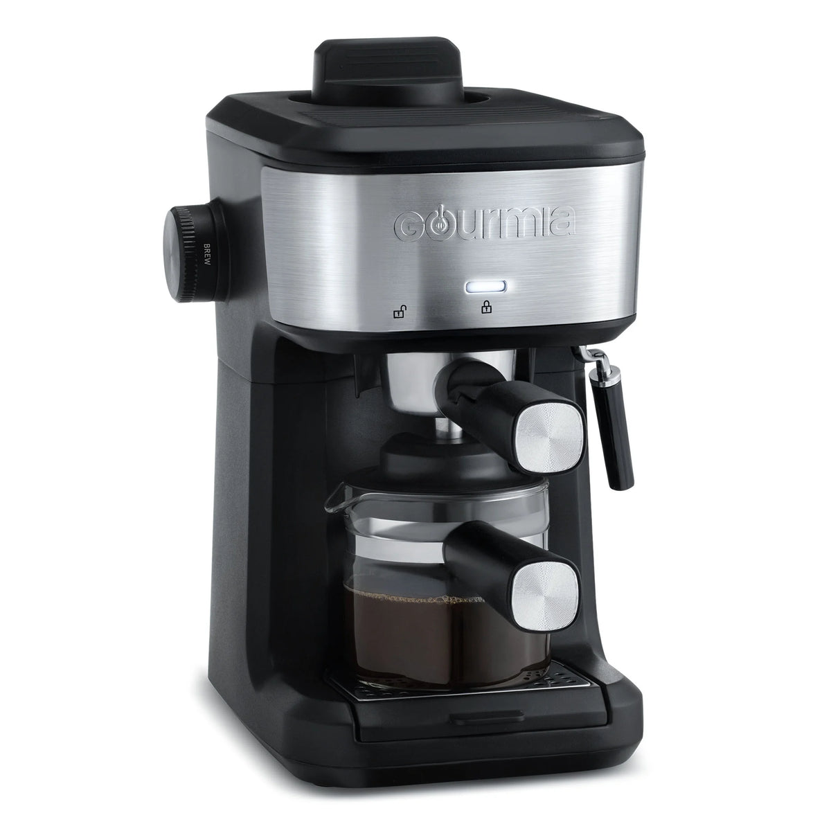 Gourmia 4-Shot Steam Espresso, Cappuccino, and Latte Maker with Frothing Wand, Black, New