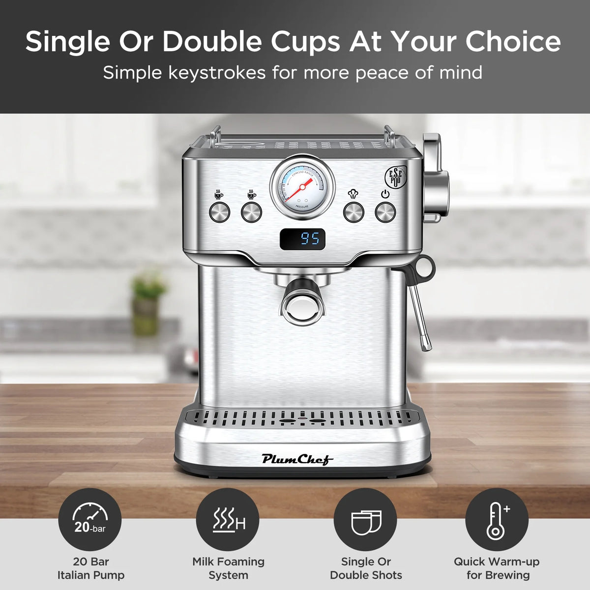 Plum Chef Espresso Machine 20 Bar Maker Coffee Machine 1.8L Water Tank, Stainless Steel, Silver