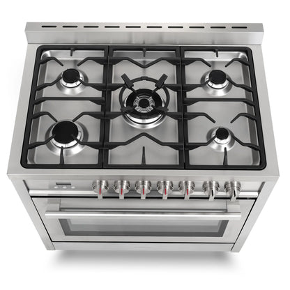 Cosmo 4 Piece Kitchen Appliance Packages with 36" Freestanding 220/240V Dual Fuel Range 36" Island Range Hood 24" Built-in Integrated Dishwasher & French Door Refrigerator Kitchen Appliance Bundles