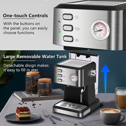 Bluebow Espresso Machine 20 Bar, 1.5L Water Tank Pressure Gauge Milk Frother Steam Coffee Maker, Silver