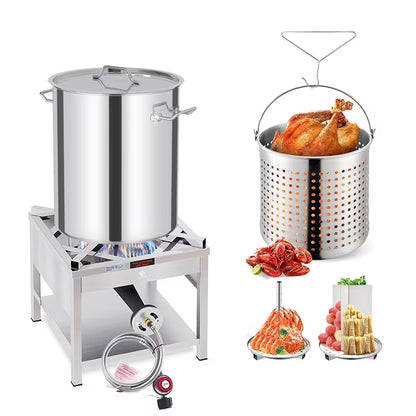 52QT Seafood Boiling Kit, 200,000BTU Propane Burner And Stainless Steel Crawfish Boil Pot w/Basket and Steamer Rack, For Outdoors Cooking and Steaming, Large Turkey Fryer Pot, Lobster Shrimp Pot