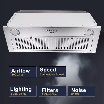 Range Hood 30 inch Insert Vent Hood 600 CFM Built-in Stainless Steel Range Hood Powerful Exhaust Vent Fan