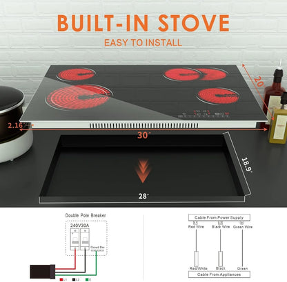 Homtone 30 Inch Electric Cooktop 4 Burners Built-in Electric Stovetop -Timer & Child Safety Lock