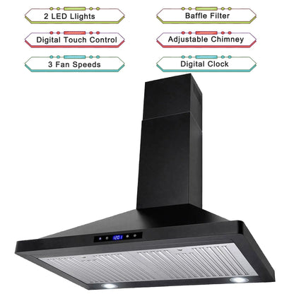 30 inch Wall Mount Range Hood Stainless Steel 350 Cfm Cooking Stove Vented LED Lamp 3 Speed Black