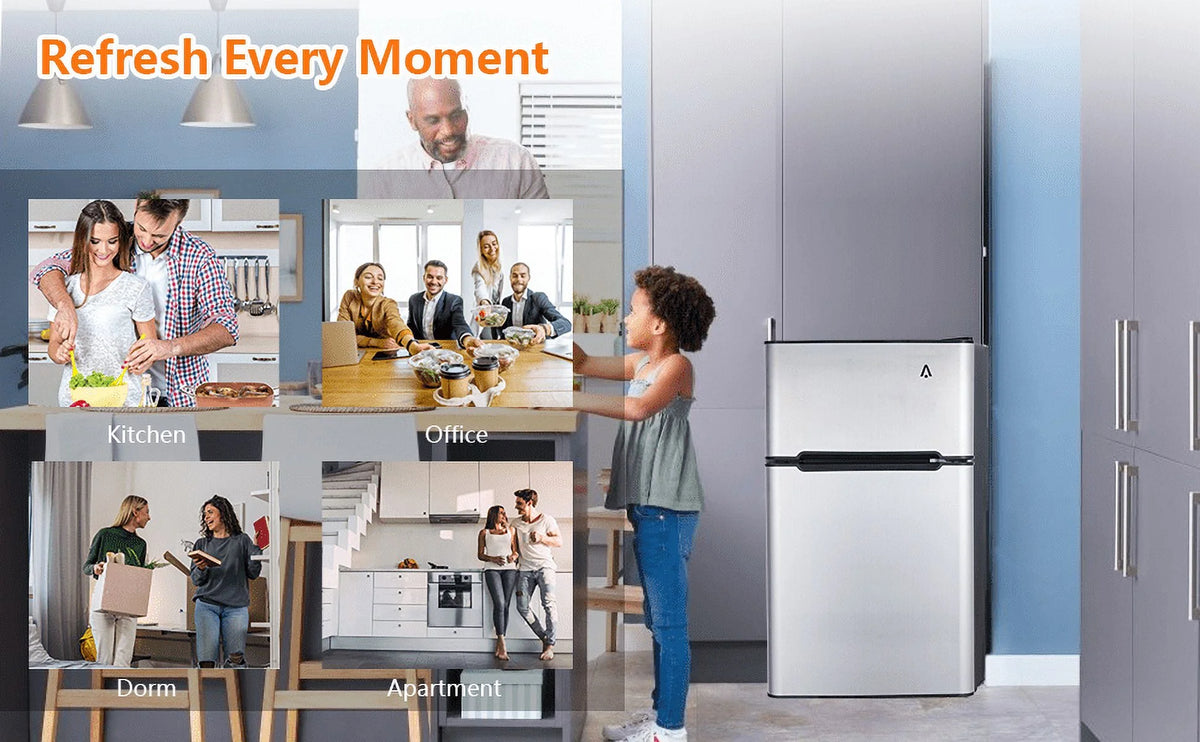 Yesurprise 3.2 Cu. Ft Mini Fridge with Freezer Small Refrigerators Double Door Stainless Steel 5 Thermostat Compact Internal Freezer with Crisper Drawer 90L