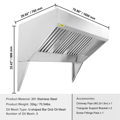 BENTISM Commercial Exhaust Hood 8ft Food Truck Hood Exhaust 201 Stainless Steel