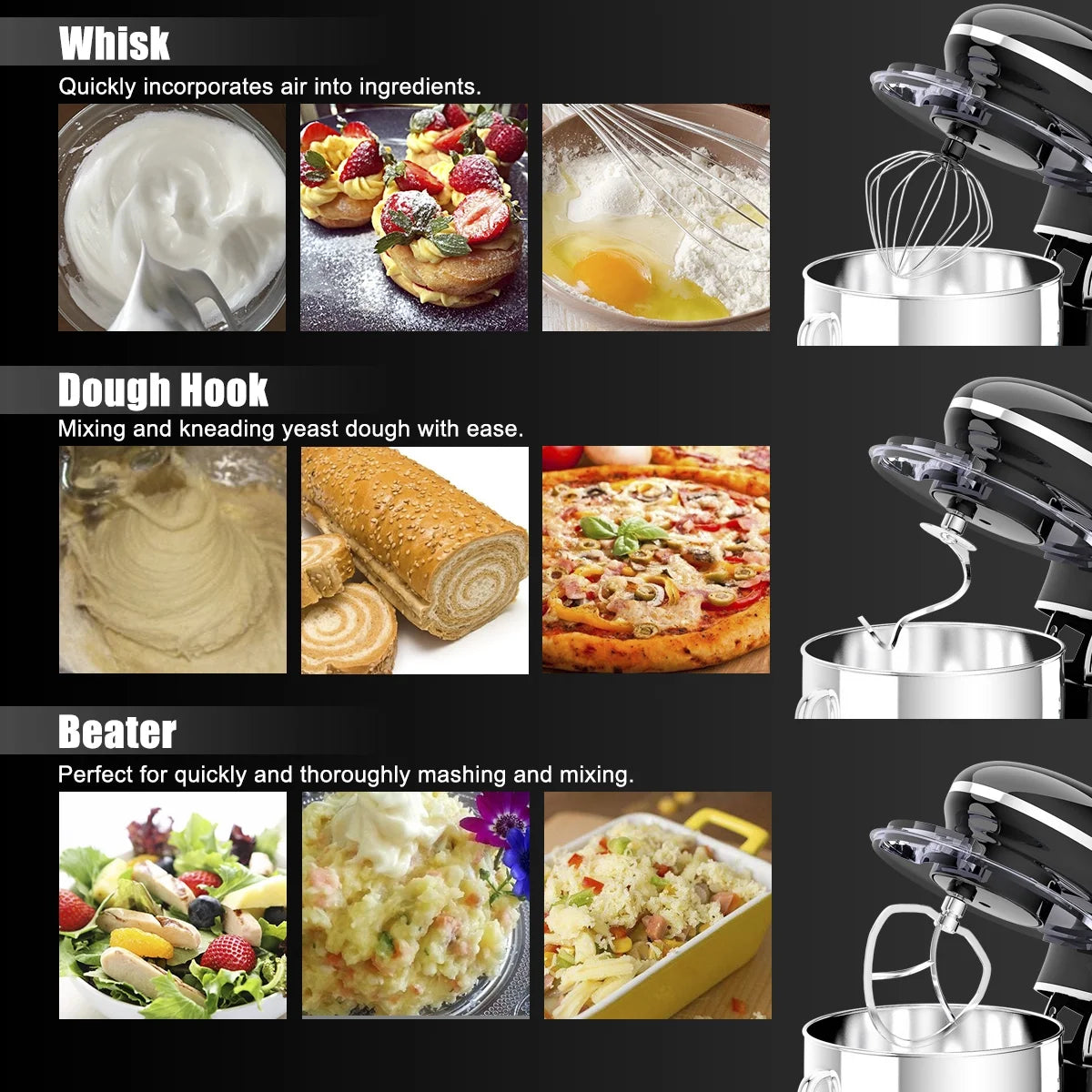 Costway 6.3 QT Tilt-Head Food Stand Mixer 6 Speed 660W wIth Dough Hook, Whisk & Beater Black
