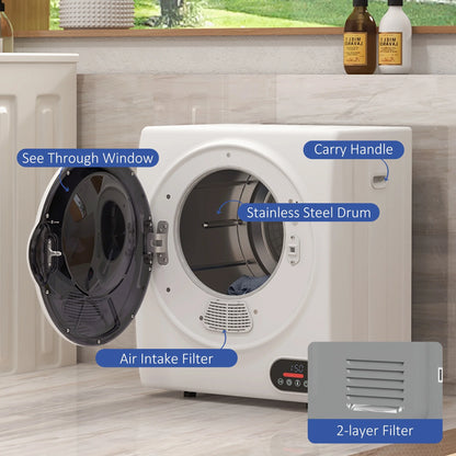 Portable Clothes Dryer, 120V 850W Compact Laundry Dryer With Intelligent Drying, 1.5 Cu.Ft Stainless Steel Drum, Front Load Electric Dryer For Apartments, Dorms, Rvs, White