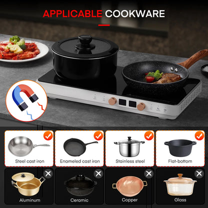 Induction Cooktop 2 Burners, 1800W Countertop Burners with Removable Cast Iron Griddle Pan Non-Stick, 8 Power Levels Control