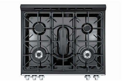 Kenmore 22-76853 5.6 cu. ft. Front-Control 5 Burner True Convection Gas Range with Oven, Large Window, Three Oven Racks, Dishwasher Safe Cast Iron Grates