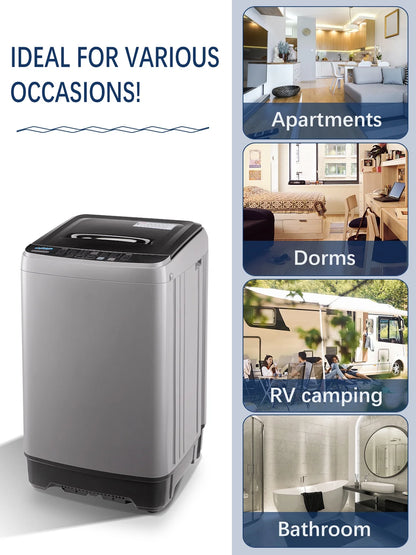 Krib Bling Full Automatic Washing Machine with LED Display, 17.7 lbs Portable Washer with Drain Pump, 10 Washing Programs & 8 Water Levels, Ideal for Camping, Apartment, Dorm, Grey
