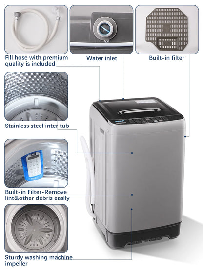 Krib Bling Full Automatic Washing Machine with LED Display, 17.7 lbs Portable Washer with Drain Pump, 10 Washing Programs & 8 Water Levels, Ideal for Camping, Apartment, Dorm, Grey