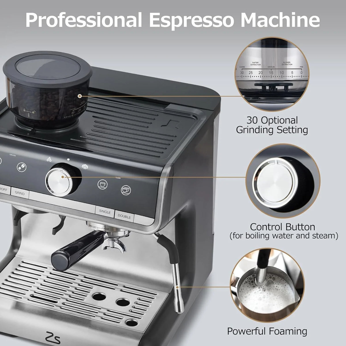 COZONY Espresso Machine 15 Bar, 2.5 L Water Tank, Semi Automatic Coffee Maker with Grinder, Milk Frother/Steam Wand, Italian Pump, All-in-One Espresso Machine, Stainless Steel, Silver