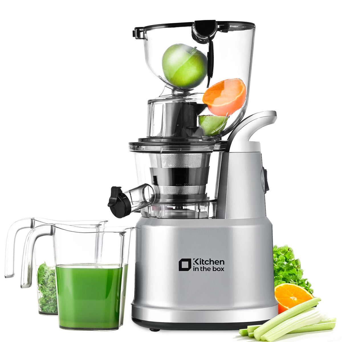 Kitchen in the Box Cold Press Juicer Machines With 3.26" Wide Feed Chute, Slow Masticating Juicer Machine for Whole Fruits and Vegetables, BPA-Free, High Juice Yield Juicer Maker (Silver)