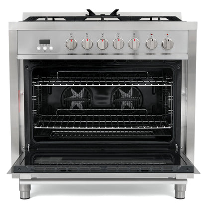 Cosmo 4 Piece Kitchen Appliance Packages with 36" Freestanding 220/240V Dual Fuel Range 36" Island Range Hood 24" Built-in Integrated Dishwasher & French Door Refrigerator Kitchen Appliance Bundles