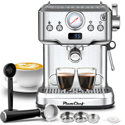 Plum Chef Espresso Machine 20 Bar Maker Coffee Machine 1.8L Water Tank, Stainless Steel, Silver