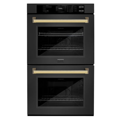 ZLINE 30 in. Autograph Edition Professional Convection Double Wall Oven with Air Fry and Self Clean in Black Stainless Steel with Polished Gold Handles (WADBZ-30-G)