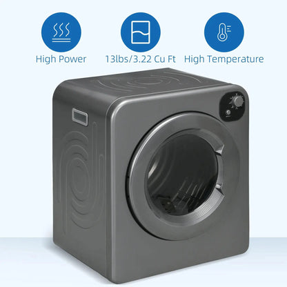Resenkos Compact Laundry Dryer 1300W Portable Clothes Dryer with 3.2 cu.ft Stainless Steel Drum, Front Load Electric Dryer, Gray