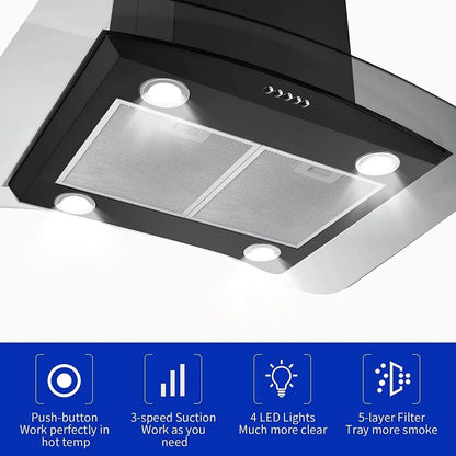 "Joeaonz 30"" Island Mount Range Hood, Stainless Steel, LED Bulbs, Easy-Clean Filters, 120V"