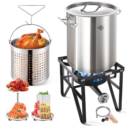 32QT Stainless Steel Seafood Boil Pot with 200,000BTU Single Burner Propane Stove, Heavy Duty Propane Burner For Outdoor Cooking Turkey Fryer, Crawfish Boil, Homebrewing
