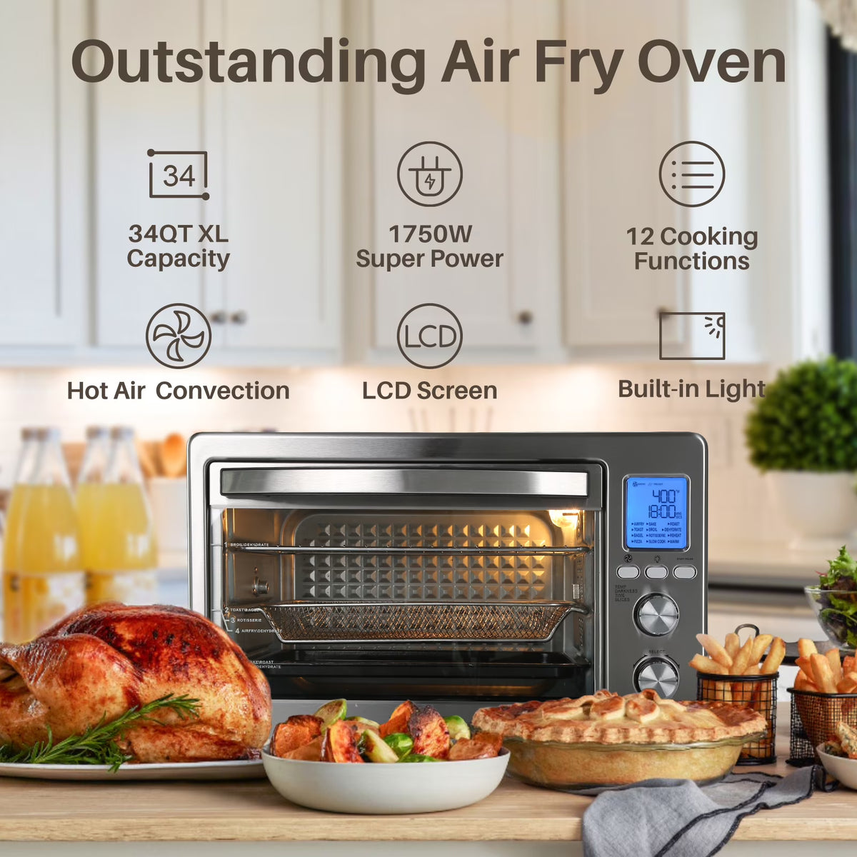 LNC 34 qt Air Fryer, Black - Ready Light Indicator